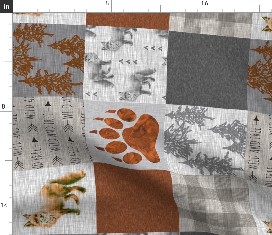 Fox Forest Quilt - Rust, Grey, Tan Linen Texture - ROTATED