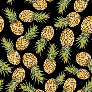 18" Hand drawn Aloha Tropical pineapple pattern on black