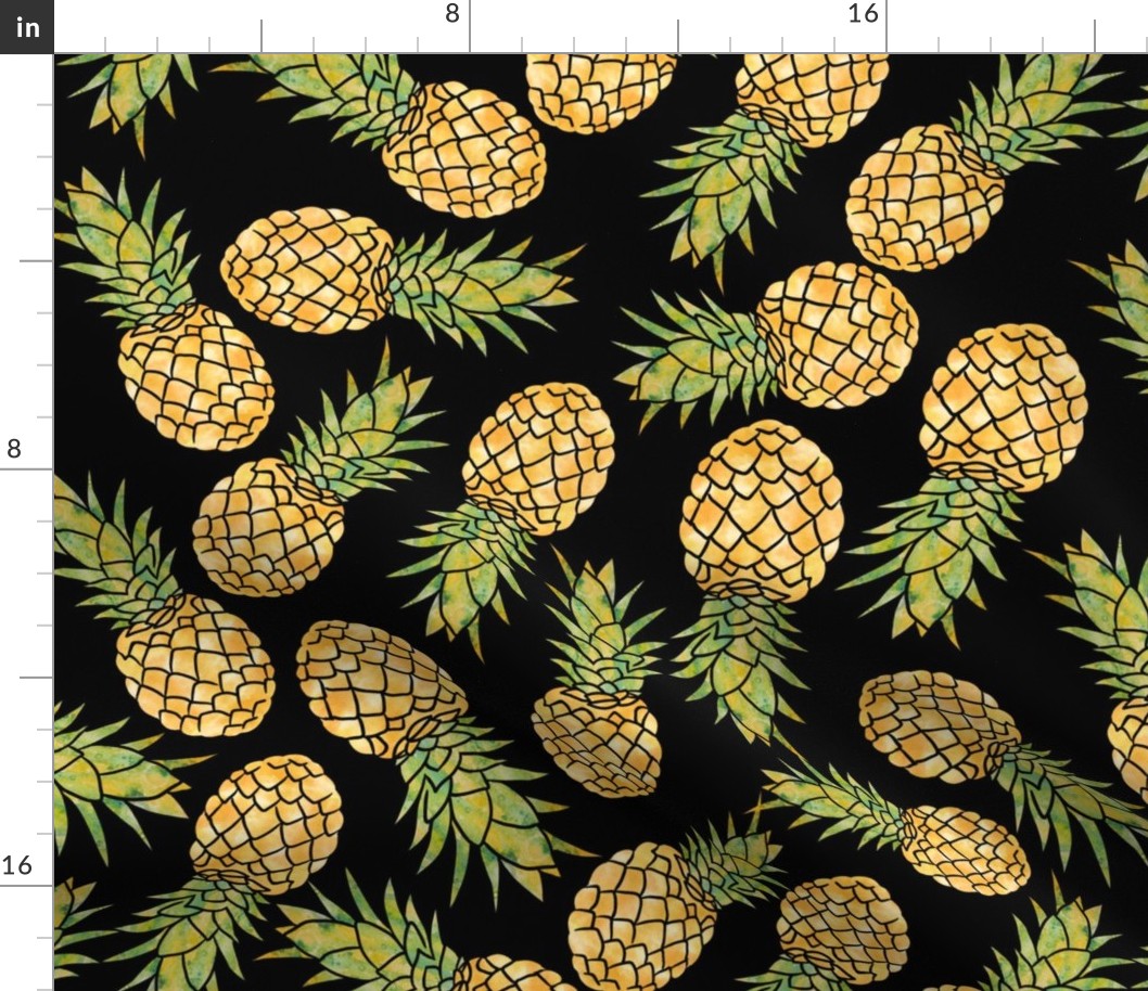 18" Hand drawn Aloha Tropical pineapple pattern on black