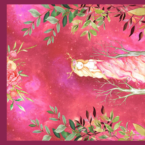 YARD PANEL FAIRYTALE PRINCESS OF THE WOOD RED PINK HORIZONTAL WATERCOLOR