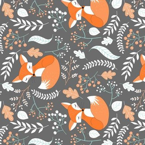 Fox - Sleepy Foxes (grey stone) ROTATED Baby Nursery Woodland Animals Kids Childrens Bedding ST2