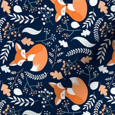 Fox - Sleepy Foxes (navy) ROTATED - Baby Nursery Woodland Animals Kids Childrens Bedding N10