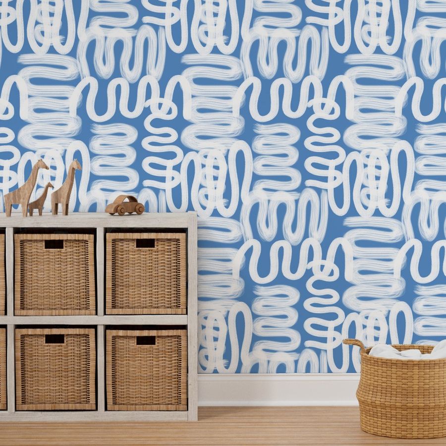 Graffiti Squiggle White on Blue Wallpaper | Spoonflower