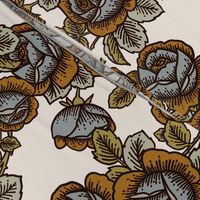 Vintage roses in blue, ochre and sage