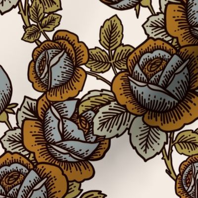 Vintage roses in blue, ochre and sage