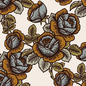 Vintage roses in blue, ochre and sage