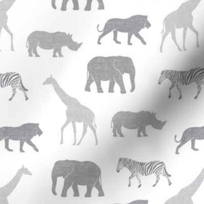 Safari animals - multi grey - elephant, giraffe, rhino, zebra