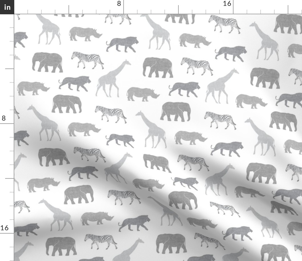 Safari animals - multi grey - elephant, giraffe, rhino, zebra