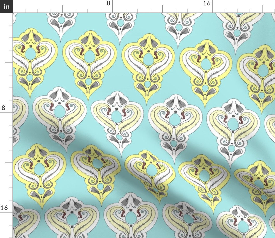 Feather Medallions - Robin's Egg and Vanilla damask