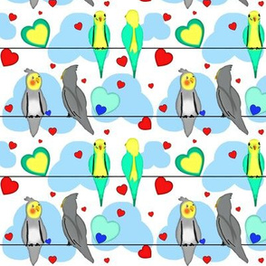 When your heart is on the line -Love/ aqua - grey - white  Birds -(Dark version w/ extra hearts)cockatiel / budgie pet love  red hearts perched feather friends   