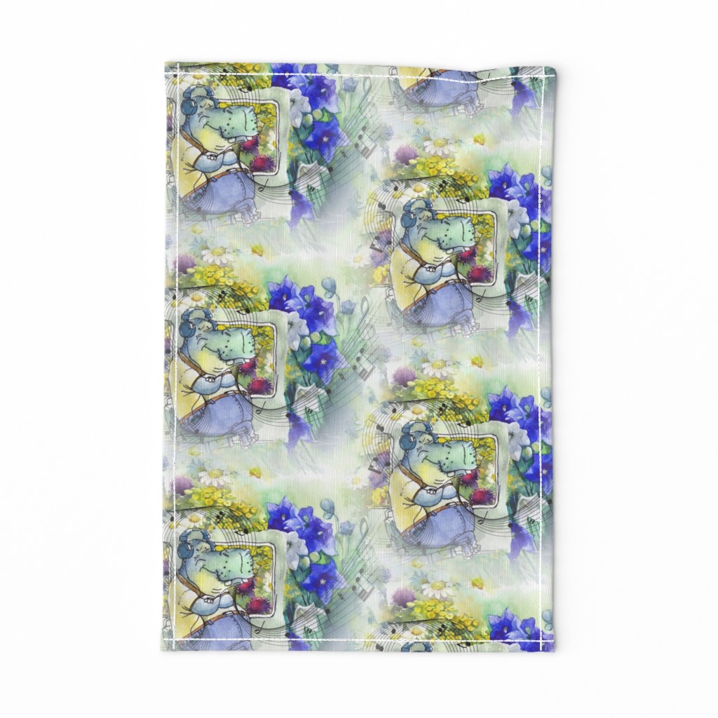 hippo travel music flowers staggered spring yellow gring periwinkle blue watercolor