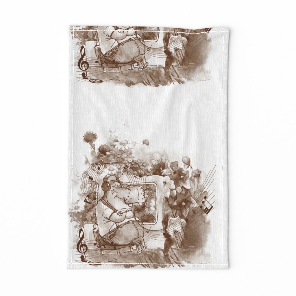large hippo travel music flowers sepia brown and white