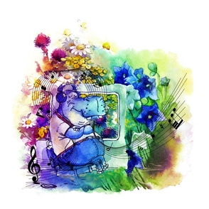 large hippo travel music flowers multicolor blue red green by Floweryhat