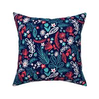 Whimsical Floral Navy, Coral Red, White & Aqua Colors