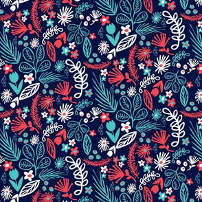 Whimsical Floral Navy, Coral Red, White & Aqua Colors