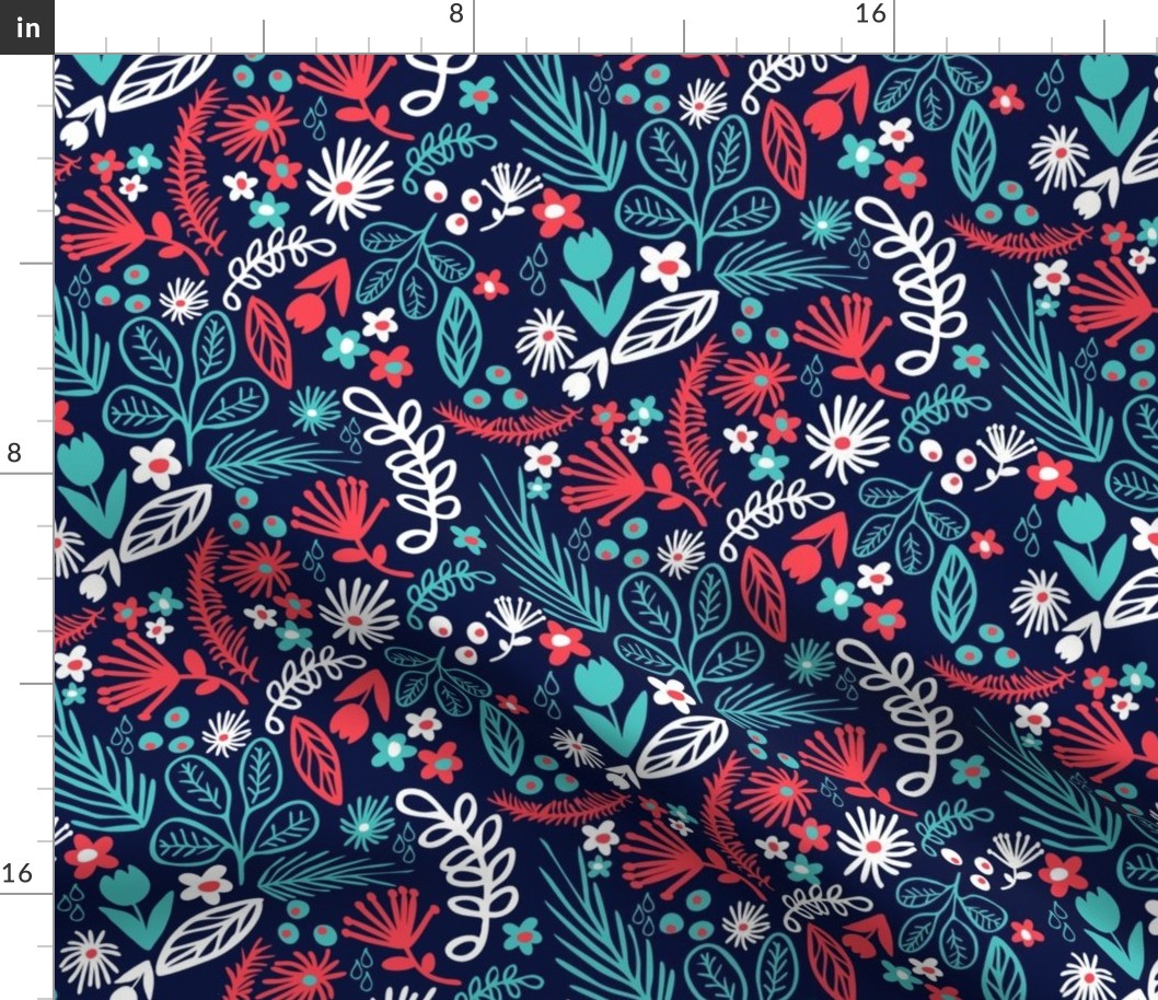 Whimsical Floral Navy, Coral Red, White & Aqua Colors
