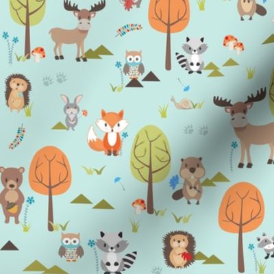 Cute Woodland Animals on Blue - SMALL Scale