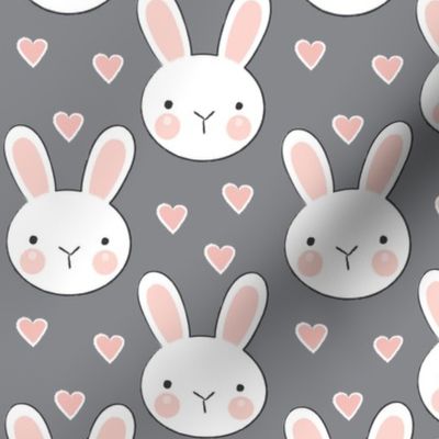bunny-faces with-vintage-pink hearts-on-charcoal