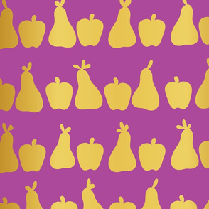 Gold apple and pears on purple background