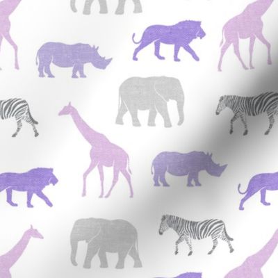 Safari animals - purple and grey - elephant, giraffe, rhino, zebra