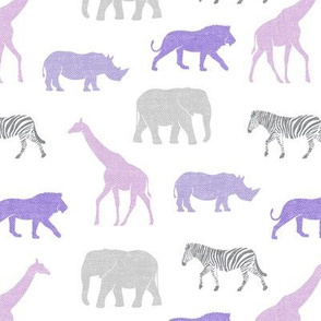 Safari animals - purple and grey - elephant, giraffe, rhino, zebra