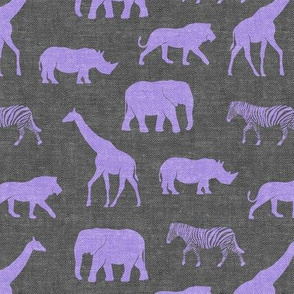 Safari animals - purple on grey - elephant, giraffe, rhino, zebra