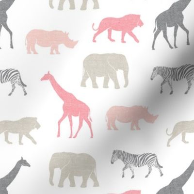 Safari animals - multi pink - elephant, giraffe, rhino, zebra