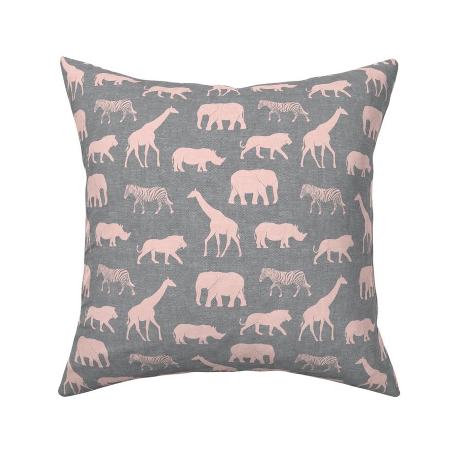 Safari animals - pink on grey - elephant, giraffe, rhino, zebra