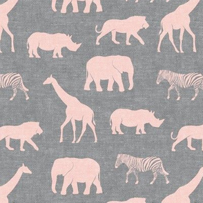 Safari animals - pink on grey - elephant, giraffe, rhino, zebra