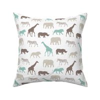 Safari animals - brown and dark mint - elephant, giraffe, rhino, zebra