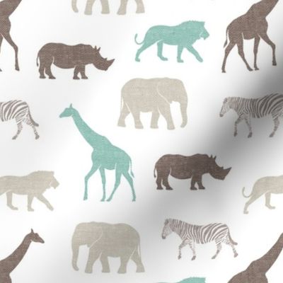 Safari animals - brown and dark mint - elephant, giraffe, rhino, zebra
