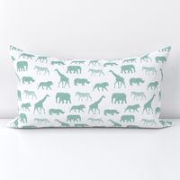 Safari animals - dark mint - elephant, giraffe, rhino, zebra