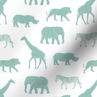 Safari animals - dark mint - elephant, giraffe, rhino, zebra