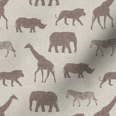 Safari animals - brown on beige - elephant, giraffe, rhino, zebra