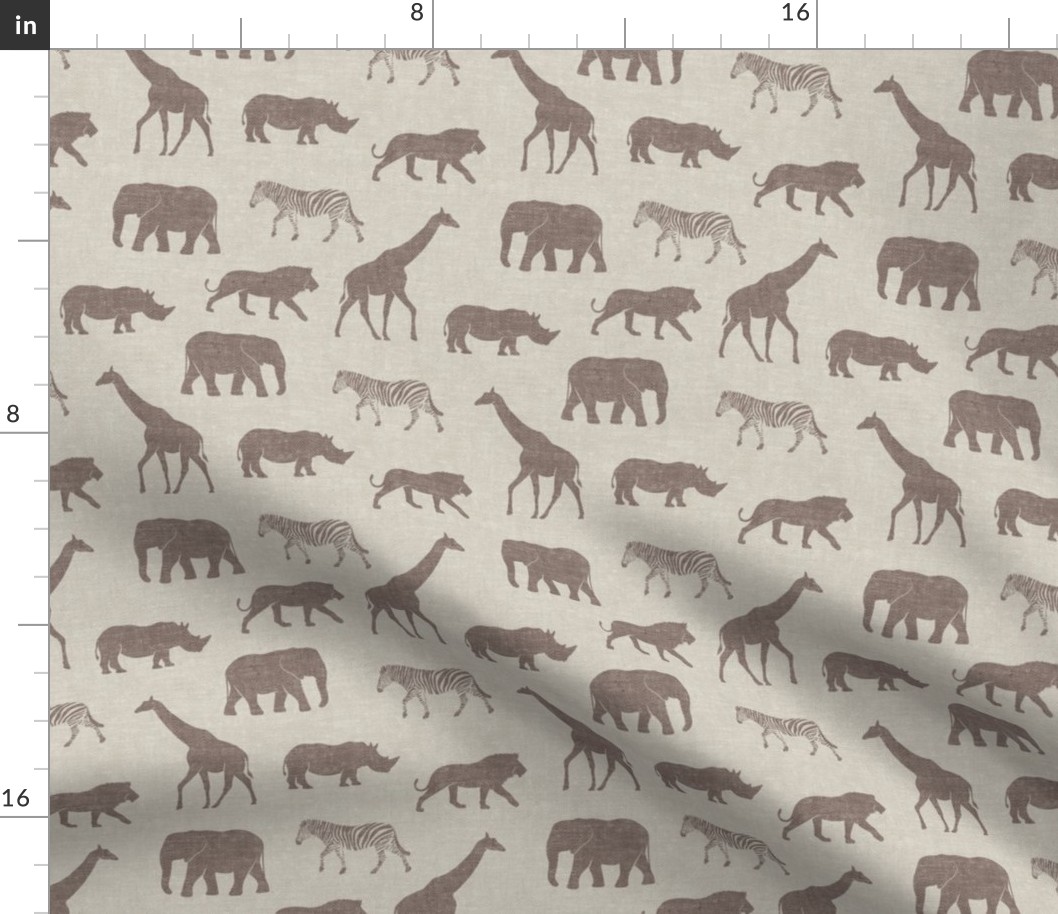 Safari animals - brown on beige - elephant, giraffe, rhino, zebra