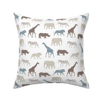 Safari animals - dusty blue multi - elephant, giraffe, rhino, zebra