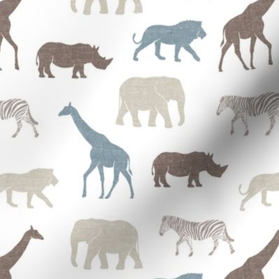 Safari animals - dusty blue multi - elephant, giraffe, rhino, zebra