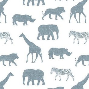 Safari animals - dusty blue - elephant, giraffe, rhino, zebra