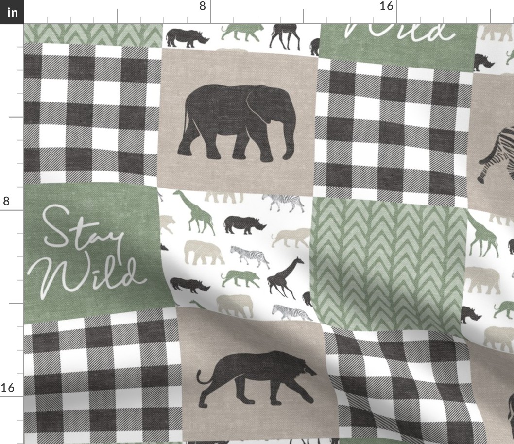 Stay Wild  - Safari Wholecloth - Sage and Grey w/ plaid 