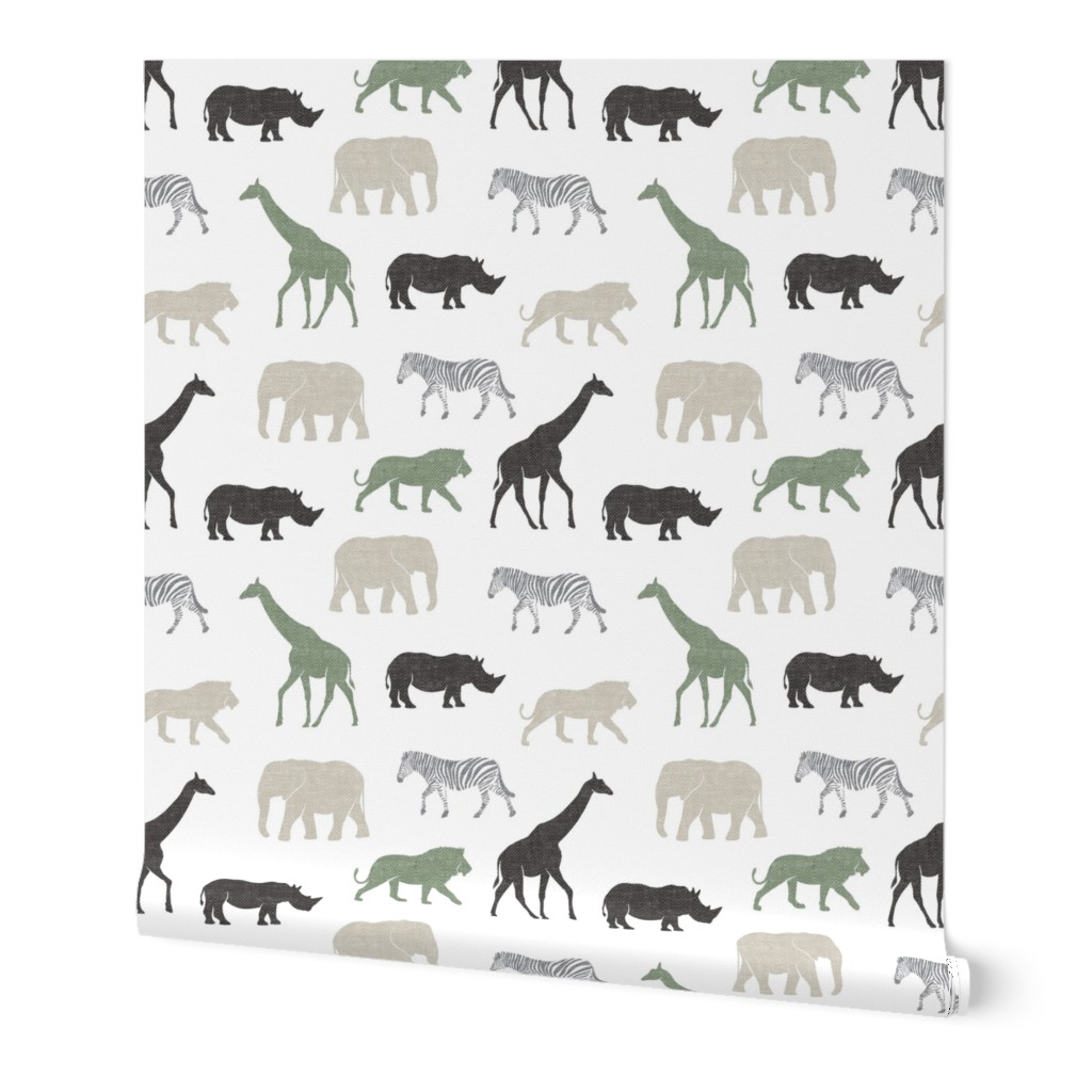 Safari animals - multi sage - elephant, giraffe, rhino, zebra