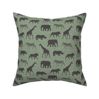 Safari animals - dark grey and sage - elephant, giraffe, rhino, zebra