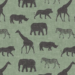 Safari animals - dark grey and sage - elephant, giraffe, rhino, zebra