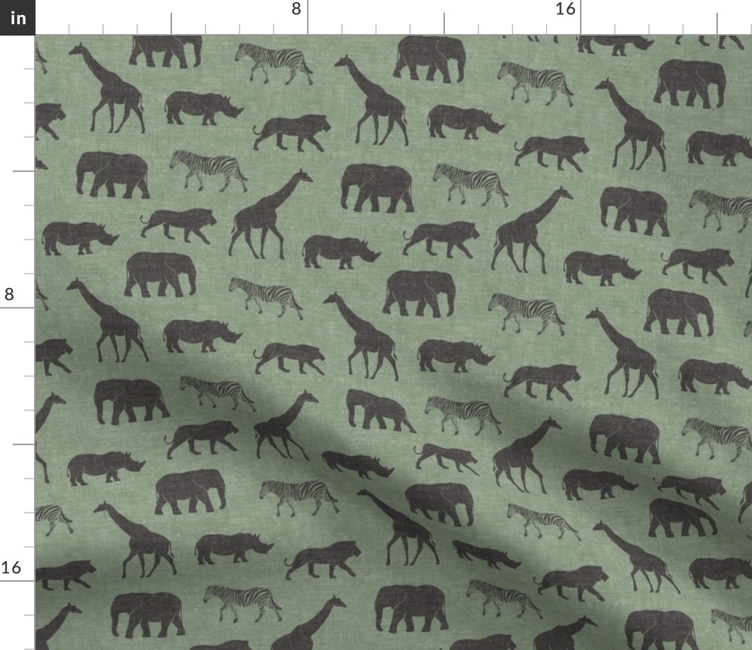 Safari animals - dark grey and sage - elephant, giraffe, rhino, zebra