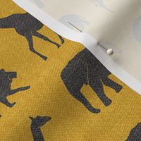 Safari animals - dark grey on gold - elephant, giraffe, rhino, zebra