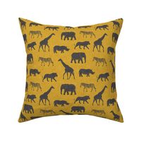 Safari animals - dark grey on gold - elephant, giraffe, rhino, zebra