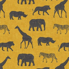 Safari animals - dark grey on gold - elephant, giraffe, rhino, zebra