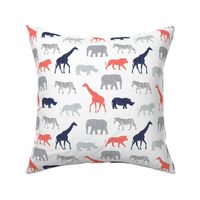 Safari animals - coral, blue, and grey - elephant, giraffe, rhino, zebra