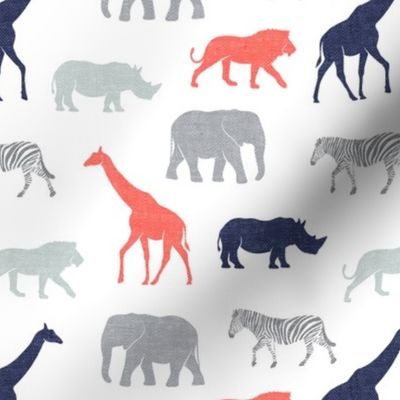 Safari animals - coral, blue, and grey - elephant, giraffe, rhino, zebra
