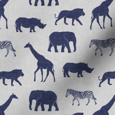 Safari animals - blue on grey - elephant, giraffe, rhino, zebra