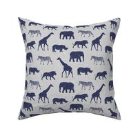 Safari animals - blue on grey - elephant, giraffe, rhino, zebra